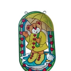 Suncatcher Teddy Bear Dancing in the Rain Umbrella Hearts Raincoat Rainboots 8"